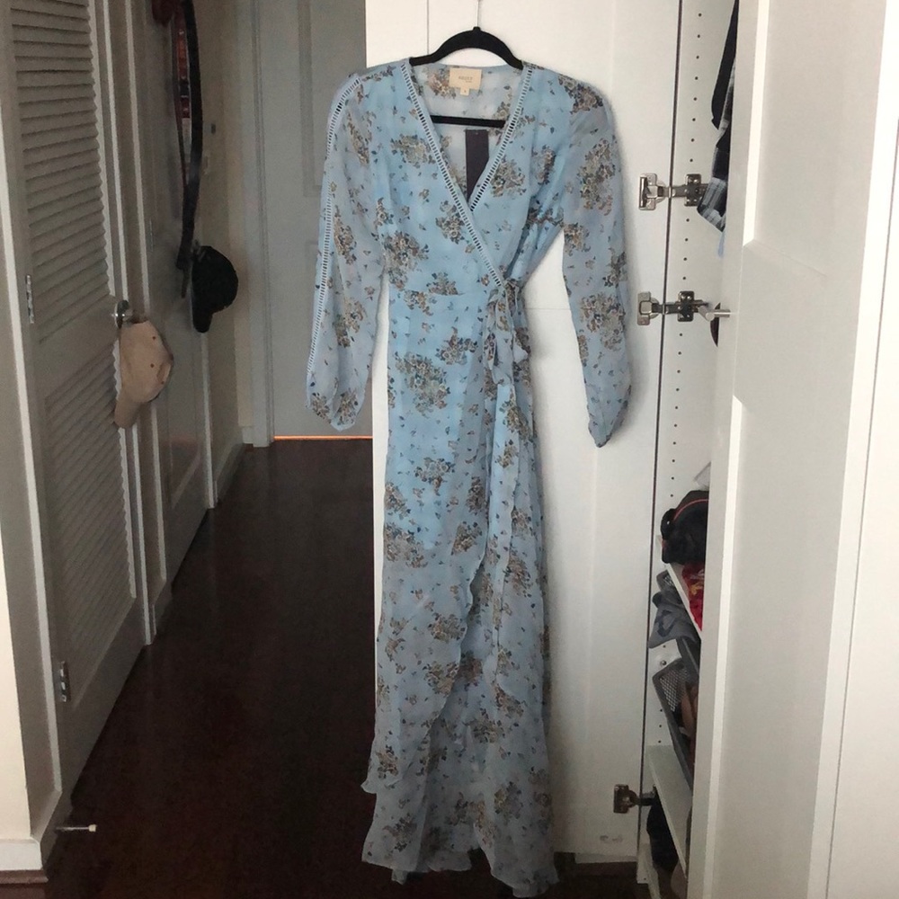 Baby blue hi-low floral wrap dress
